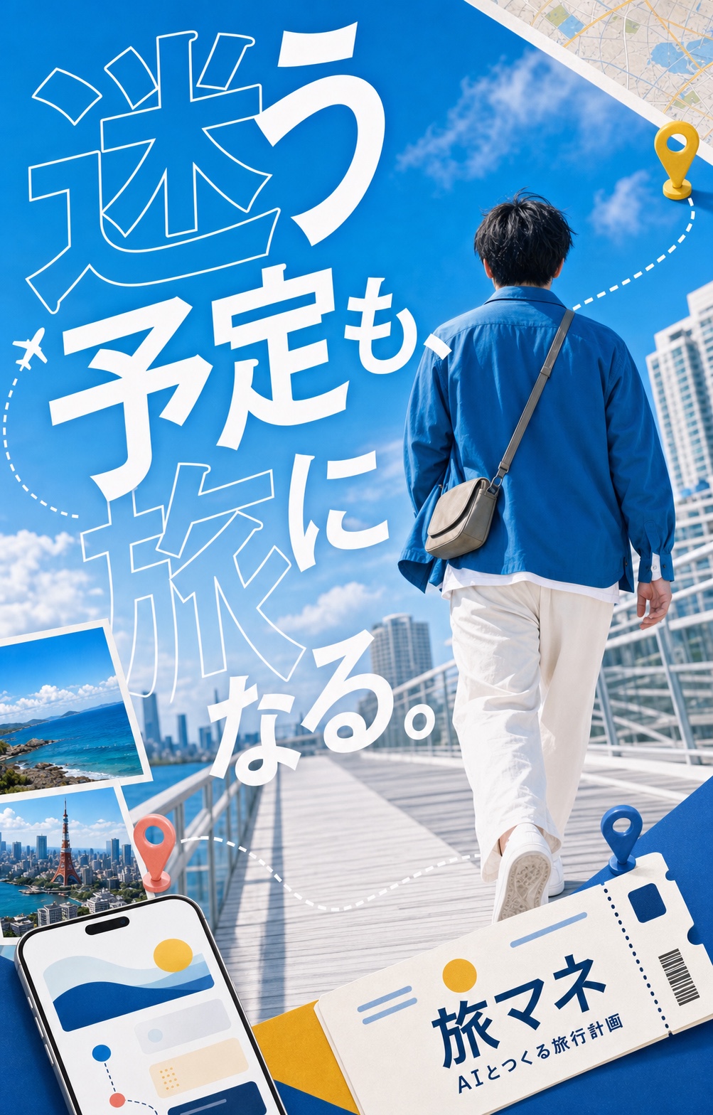 青空の下を歩く後ろ姿の旅人と、旅マネのメッセージを組み合わせたキャンペーンポスター