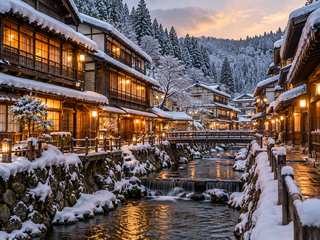 雪景色の温泉街をイメージしたAI生成画像
